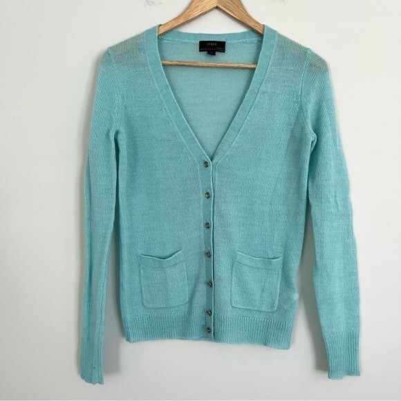 J. Crew Italian Spun Alpaca Blend Jewel Button Cardigan Aquamarine, Size XS NWOT - Picture 1 of 9